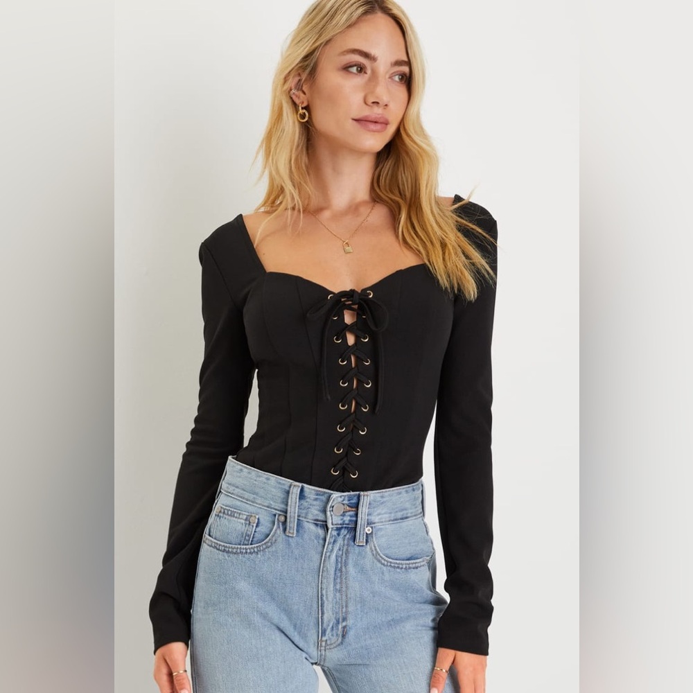 Lulus-Captivating Energy Black Long Sleeve Lace-Up Corset Bodysuit (Small)